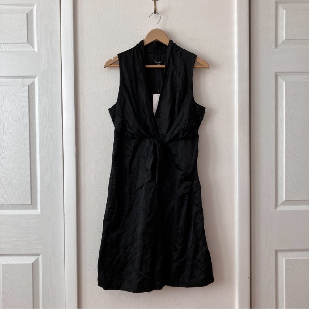 NWT Eileen Fisher Black Steel Satin V-Neck Sleeveless Front Tie Dress Size 6 - Picture 2 of 8